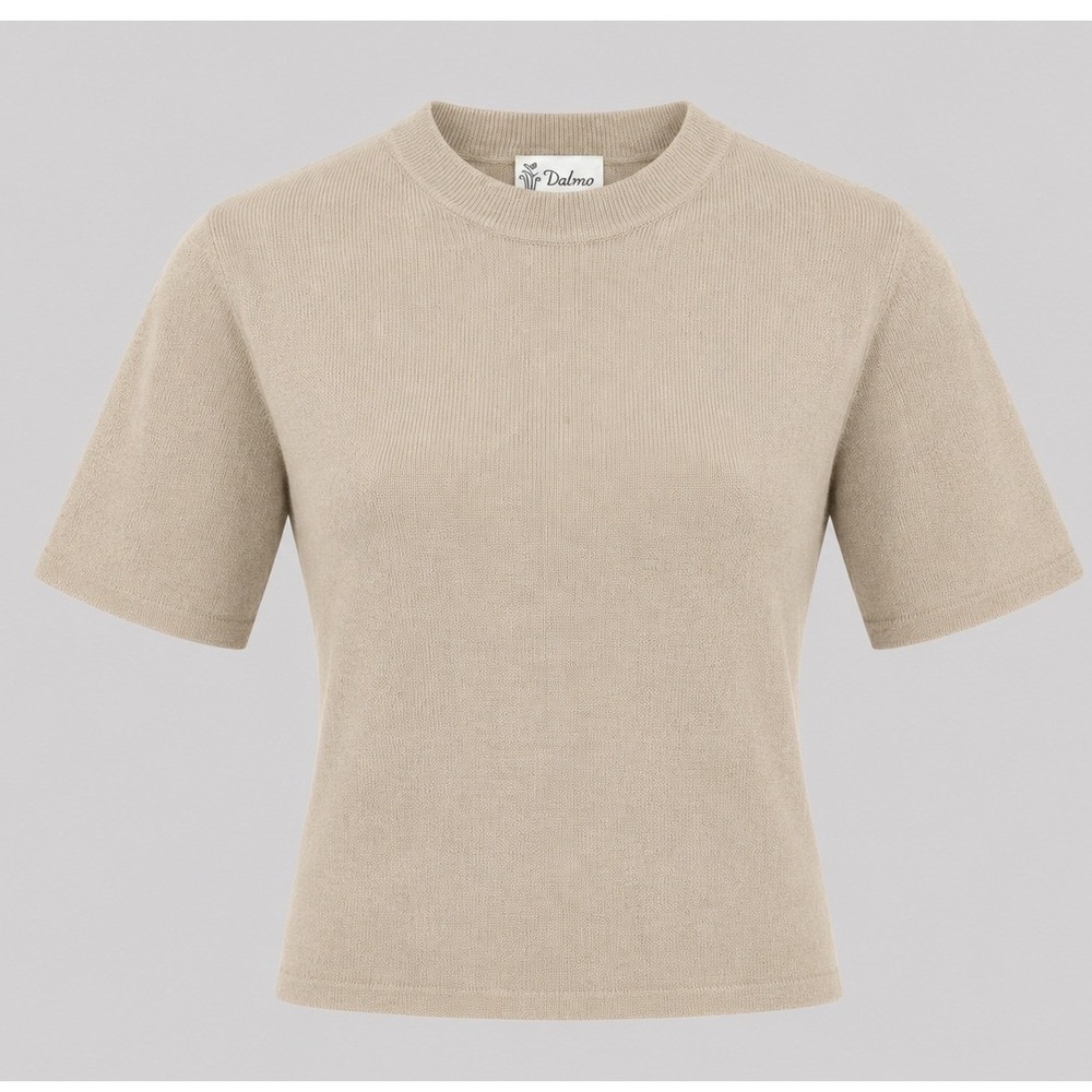 Vintage Y2K Dalmys Beige Knit Short‎ Sleeve Sweater Womens M Minimalist Stretch